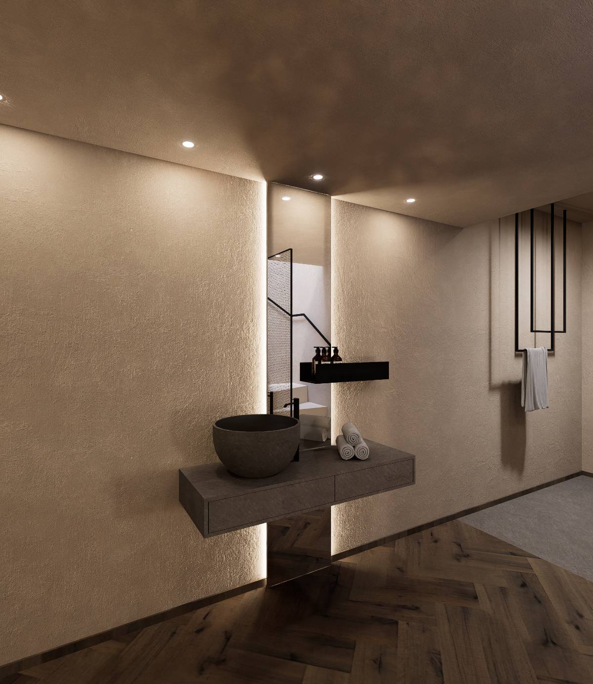Badezimmer mit Waschtisch aus Stein