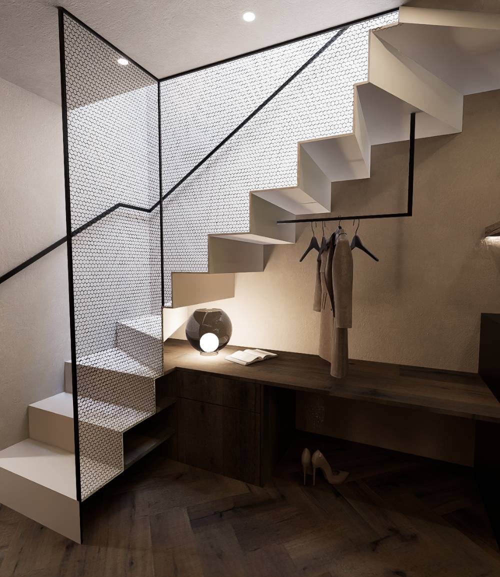 Treppe mit Netzgeländer