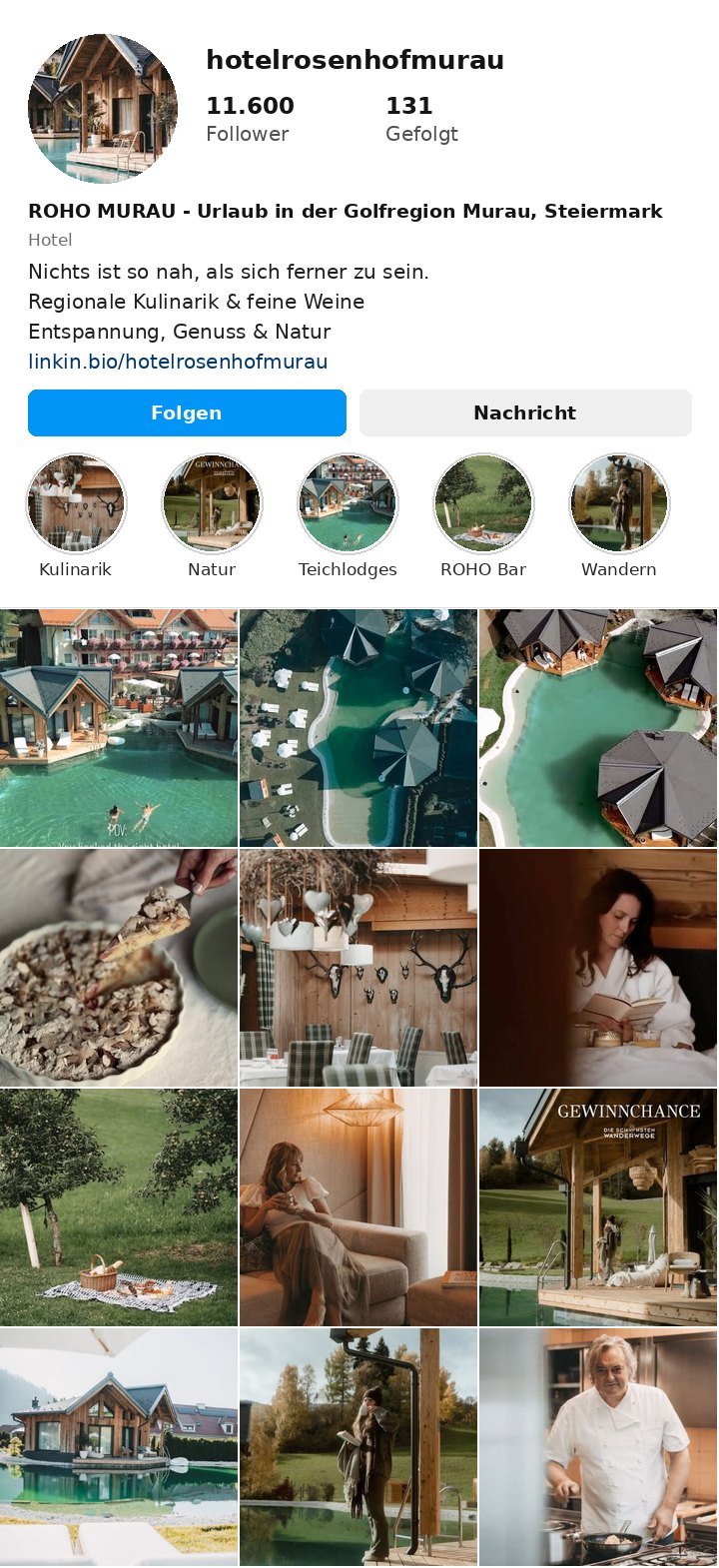 Instagram-Feed @hotelrosenhofmurau, Stand September 2026