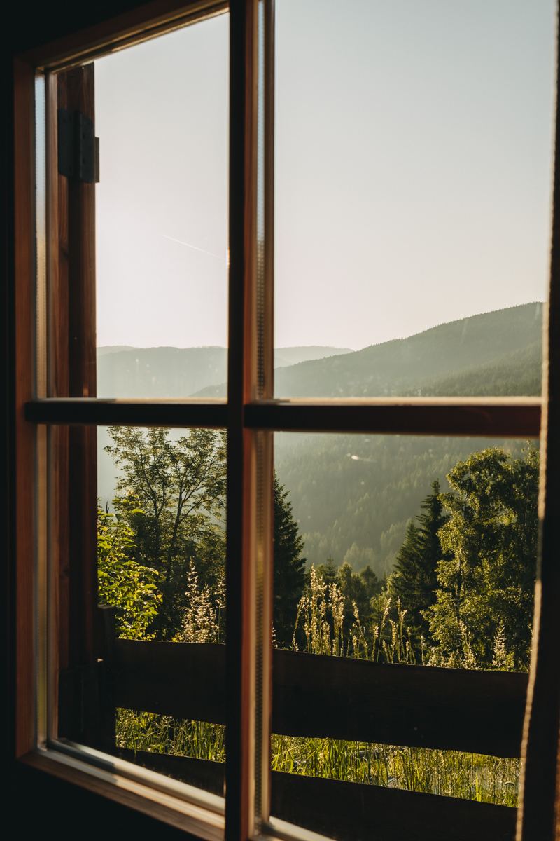 Blick durch das Holzfenster auf den Wald