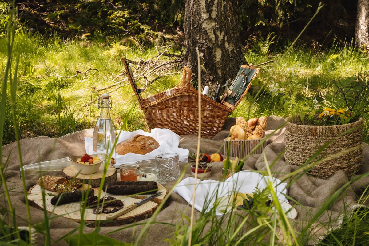 Picknickdecke mit Körben im Wald